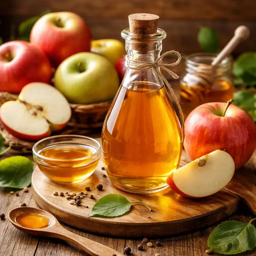A bottle of apple cider vinegar beside fresh apples