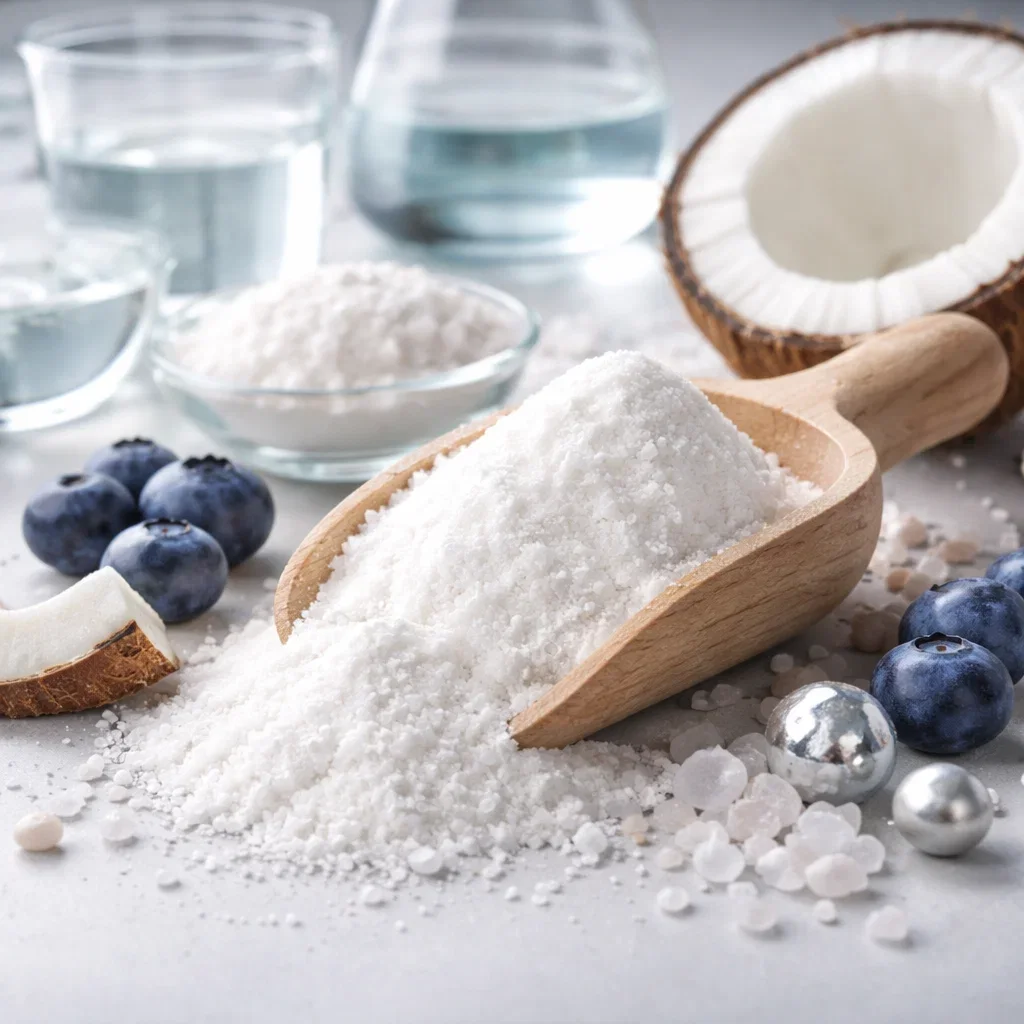 White beta-hydroxybutyrate powder with blueberries and a wooden scoop