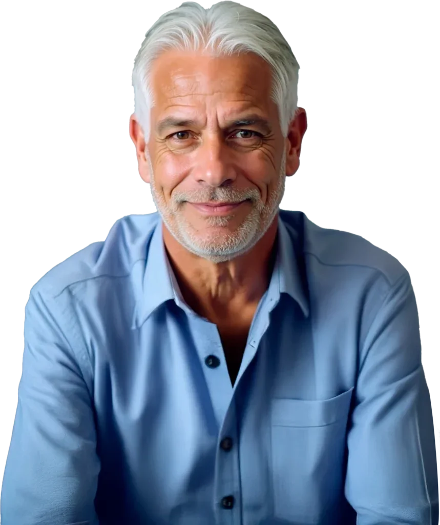 A man with grey hair in a blue shirt, smiling