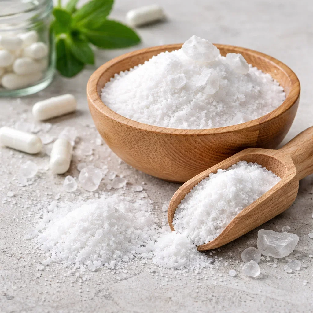 Magnesium BHB salt powder in a wooden bowl beside capsules