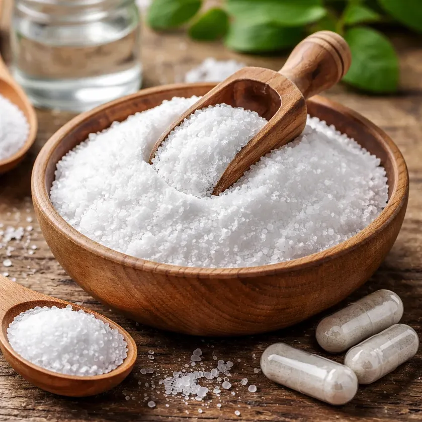Sodium BHB salt powder in a wooden bowl with capsules